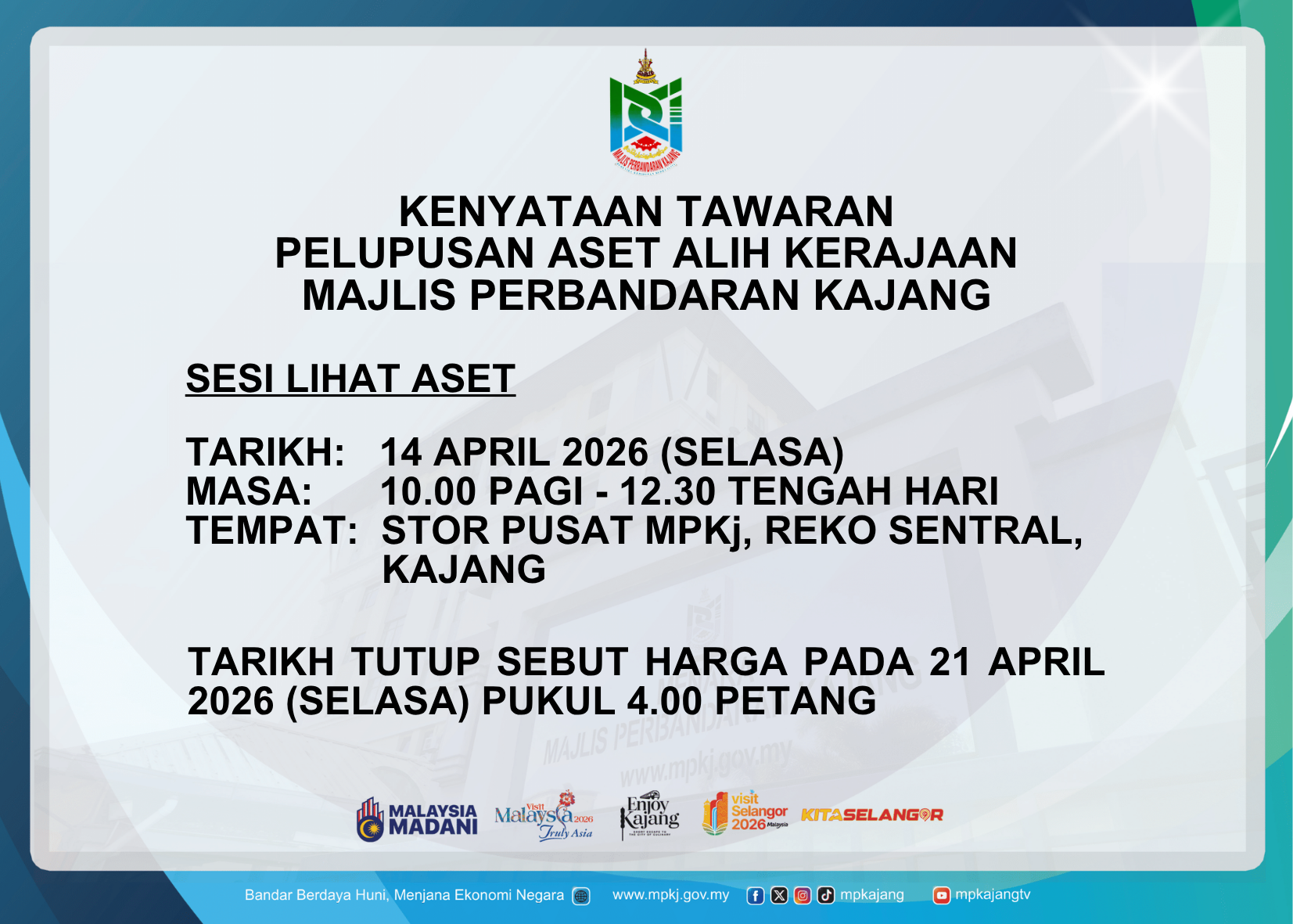 disemak   POSTER PAPARAN MAKLUMAT KENYATAAN TAWARAN PELUPUSAN ASET ALIH KENDERAAN DI LAMAN SESAWANG MAJLIS PERBANDARAN KAJANG
