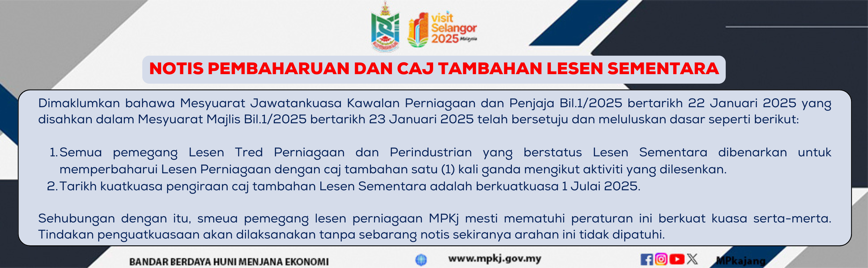 Banner Notis Pembaharuan Dan Caj Tambahan Lesen Sementara