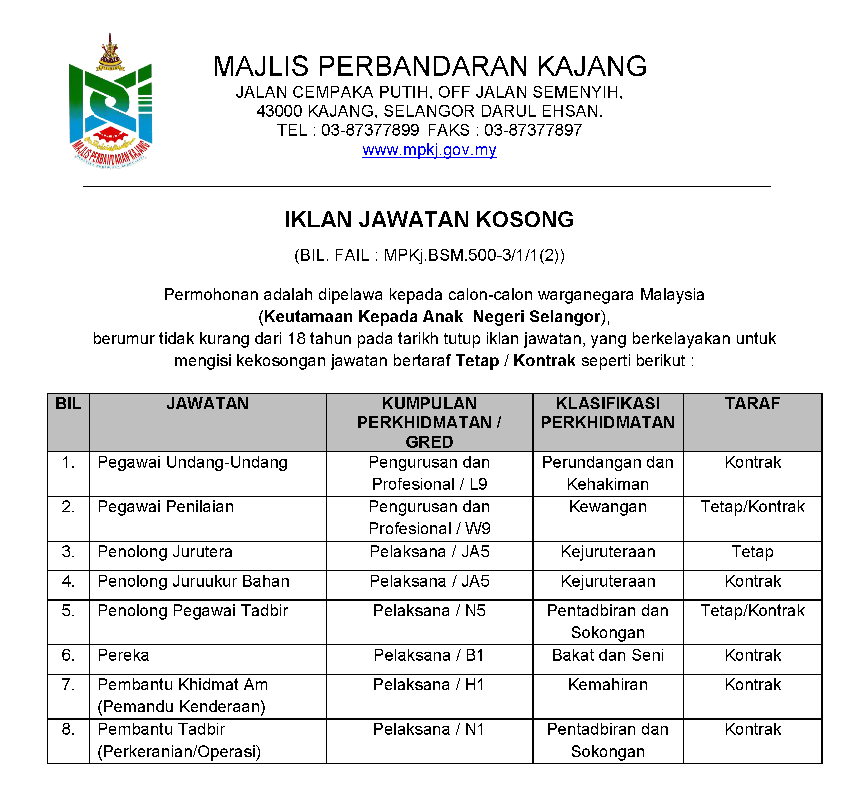 Iklan Jawatan Kosong MPKj 2026 Page Depan