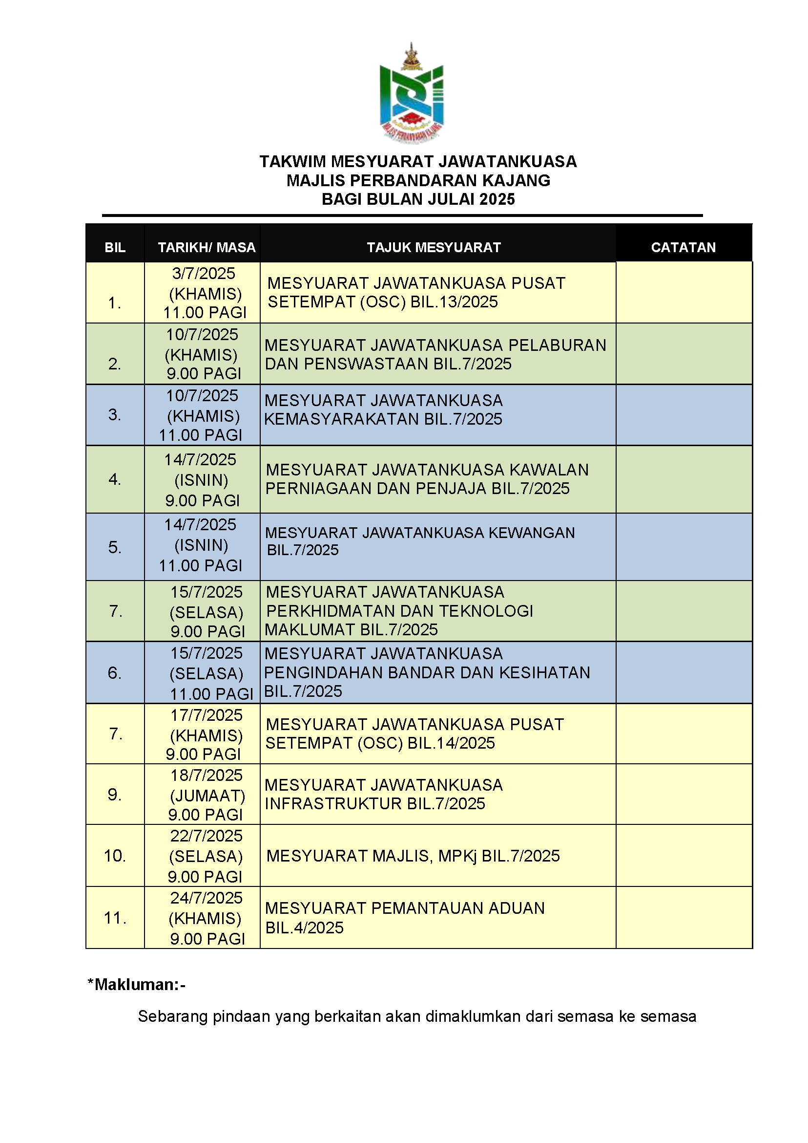 Takwim Mesyuarat Jawatankuasa Majlis Perbandaran Kajang Bagi Bulan Julai 2025